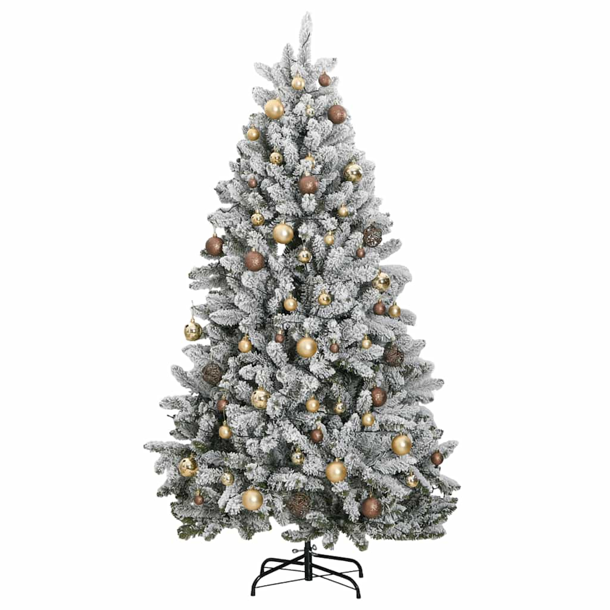 Ein schneebedeckter Weihnachtsbaum, der mit goldenen und braunen Ornamenten geschmückt ist. Er steht auf einem schwarzen Metallständer vor weißem Hintergrund.