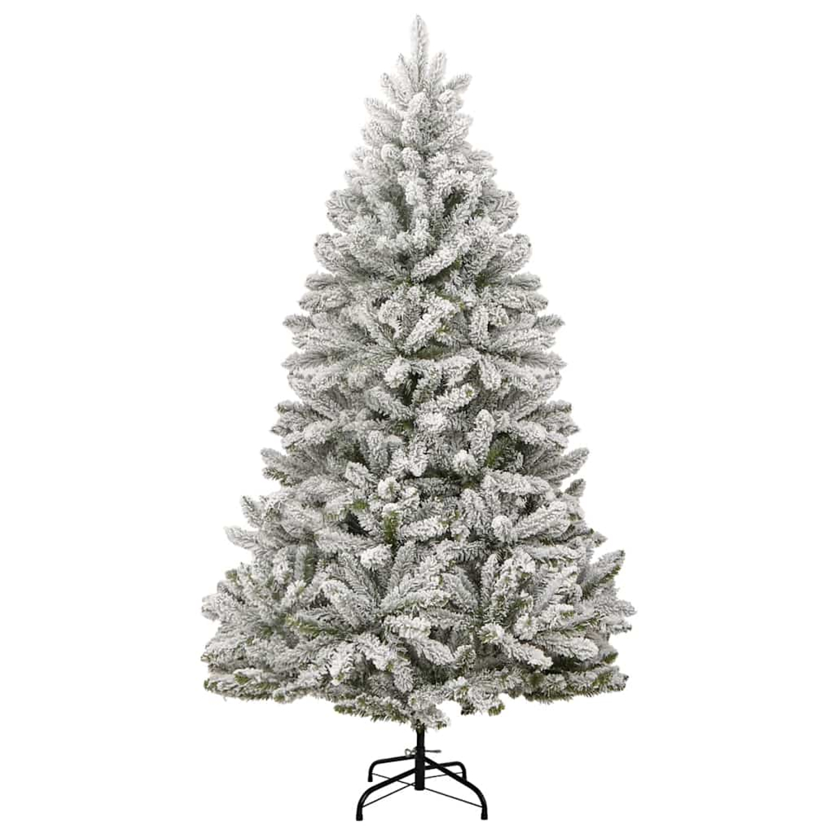 Ein geschmückter Weihnachtsbaum steht auf einem schwarzen Metallsockel. Der Baum ist mit Kunstschnee bedeckt.