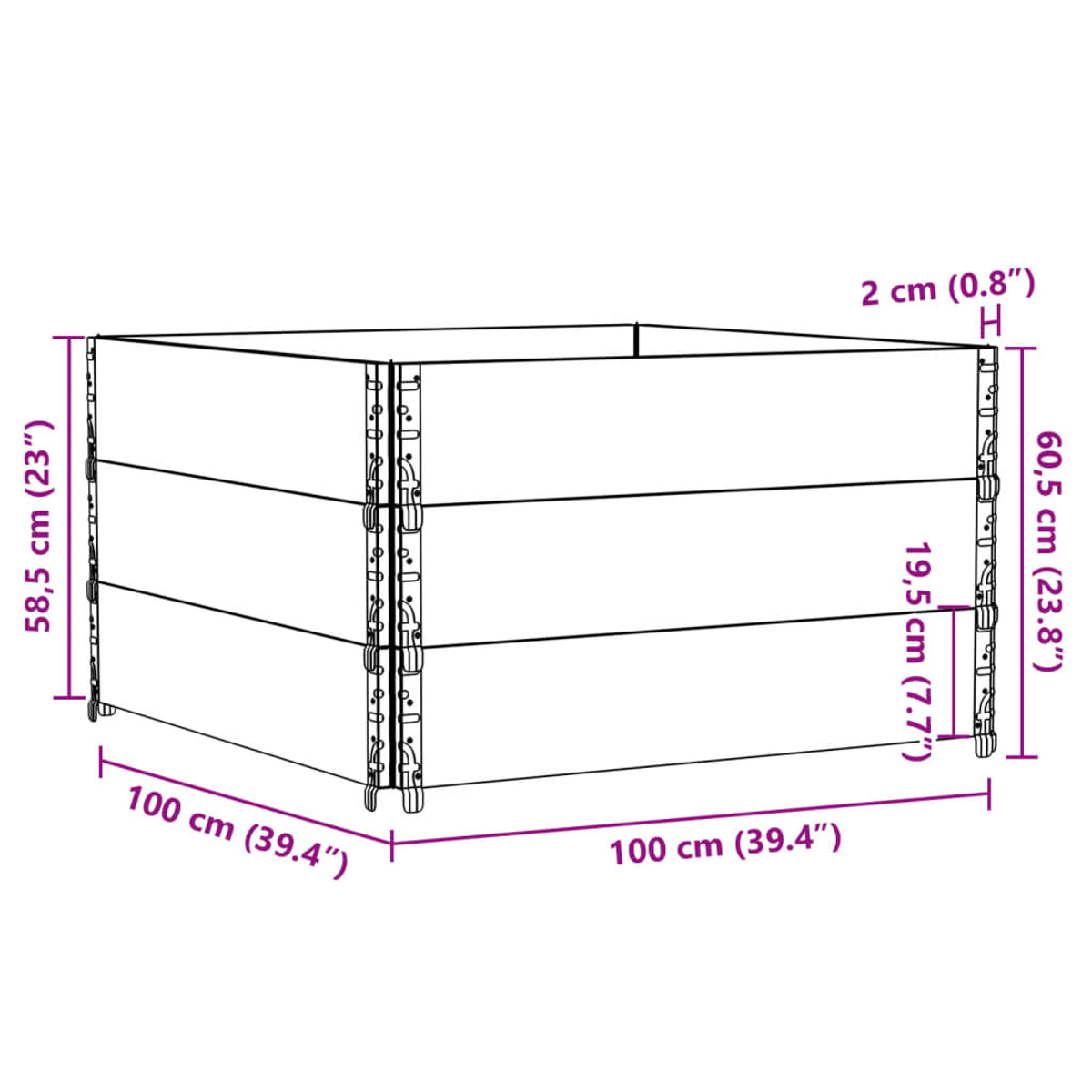 Un'aiuola rialzata rettangolare bianca con dimensioni etichettate: 100cm x 100cm x 60.5cm. Le misure sono in cm e pollici.