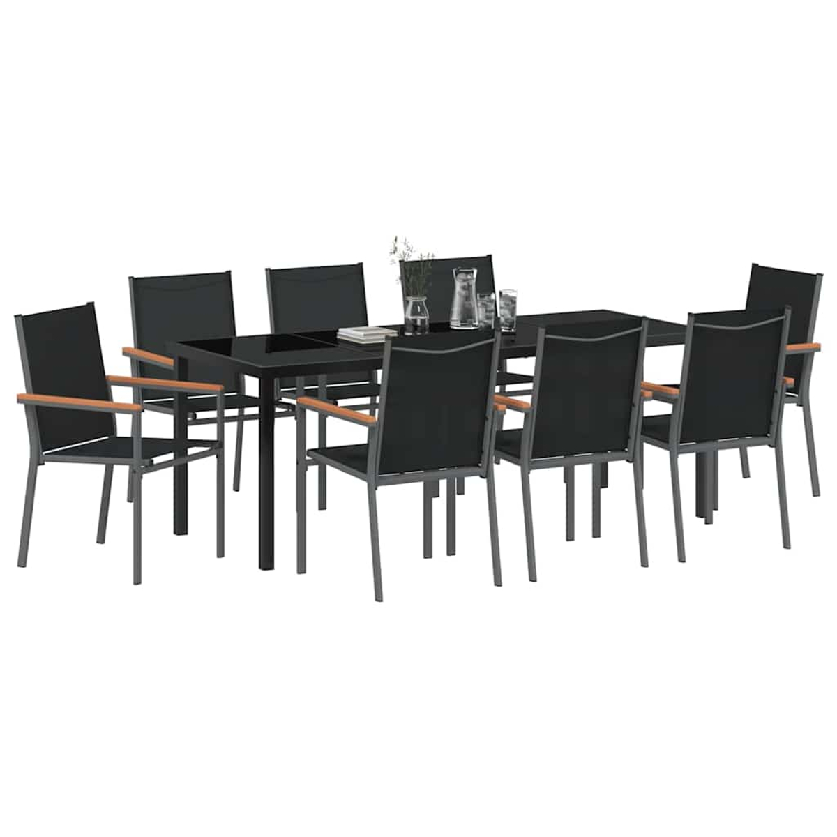 Ein schwarzer Esstisch mit acht Stühlen. Die Stühle haben schwarze Sitze und Rückenlehnen mit Holzarmlehnen. Glaswaren und Pflanzen stehen auf dem Tisch.