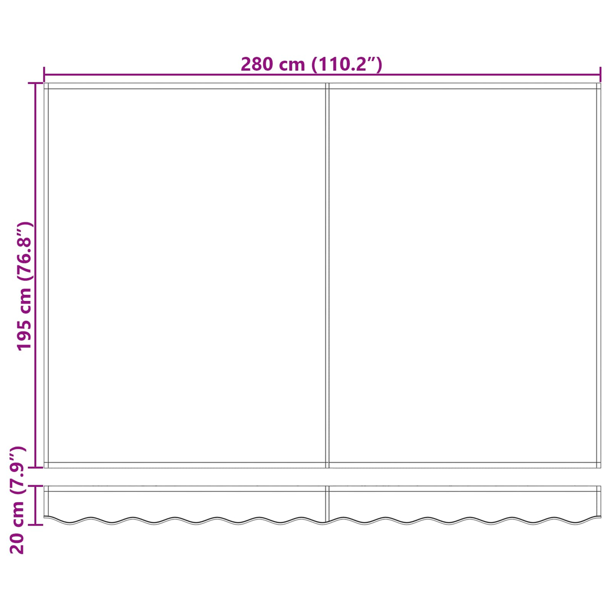 Diagramm, das eine rechteckige Struktur mit den Maßen 280 cm, 195 cm und 20 cm zeigt. Die Struktur hat einen wellenförmigen Boden.