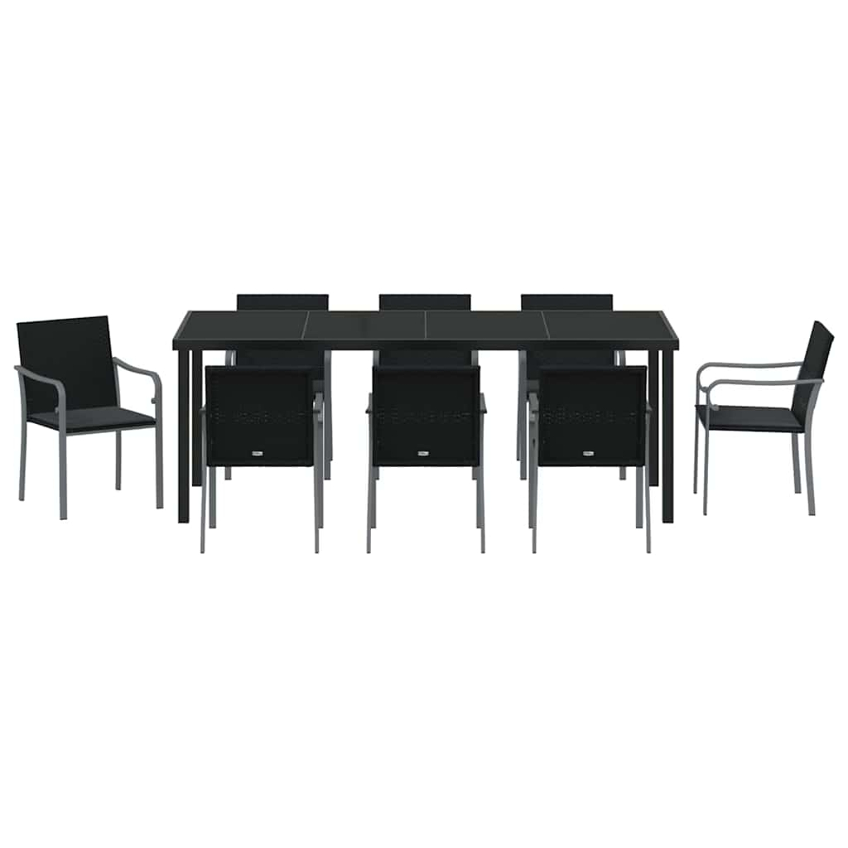 Una mesa rectangular negra con seis sillas negras y dos sillones, todos con marcos plateados, sobre un fondo blanco.