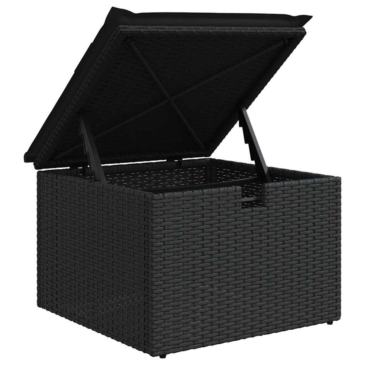 Schwarze gewebte Aufbewahrungsbox mit offenem Deckel. Der Deckel wird von Metallarmen getragen. Die Box steht auf weißem Hintergrund.