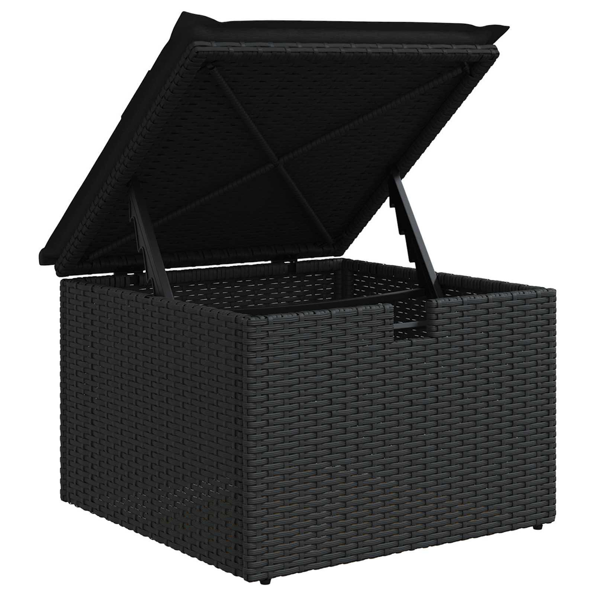 Eine schwarze Aufbewahrungsbox aus Korbgeflecht. Der Deckel ist geöffnet. Die Box ist rechteckig mit einem Klappdeckel.