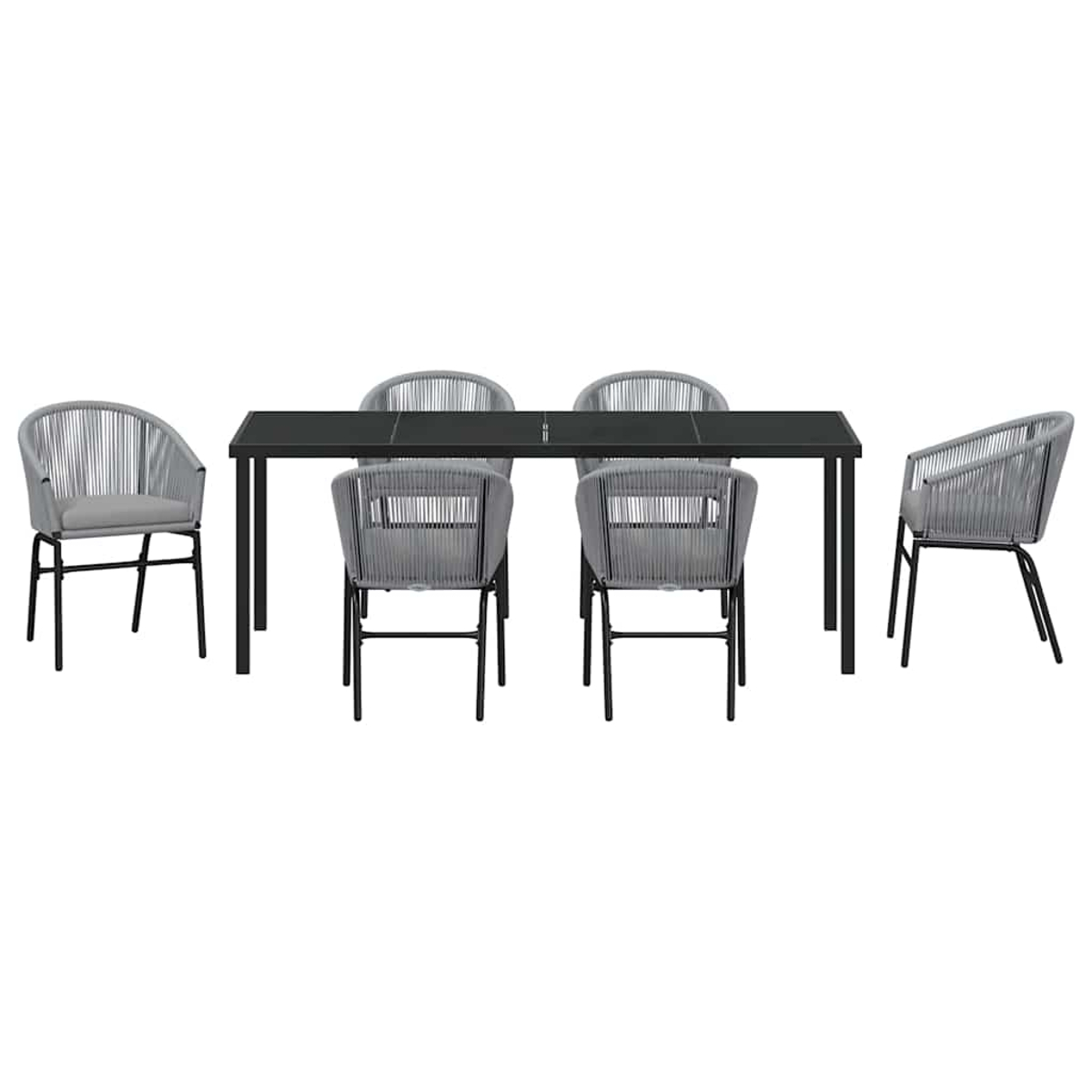 Ein modernes Ess-Set für den Außenbereich mit dunklem Tisch und sechs grauen Stühlen. Die Stühle haben geflochtene Rücken und schwarze Rahmen.