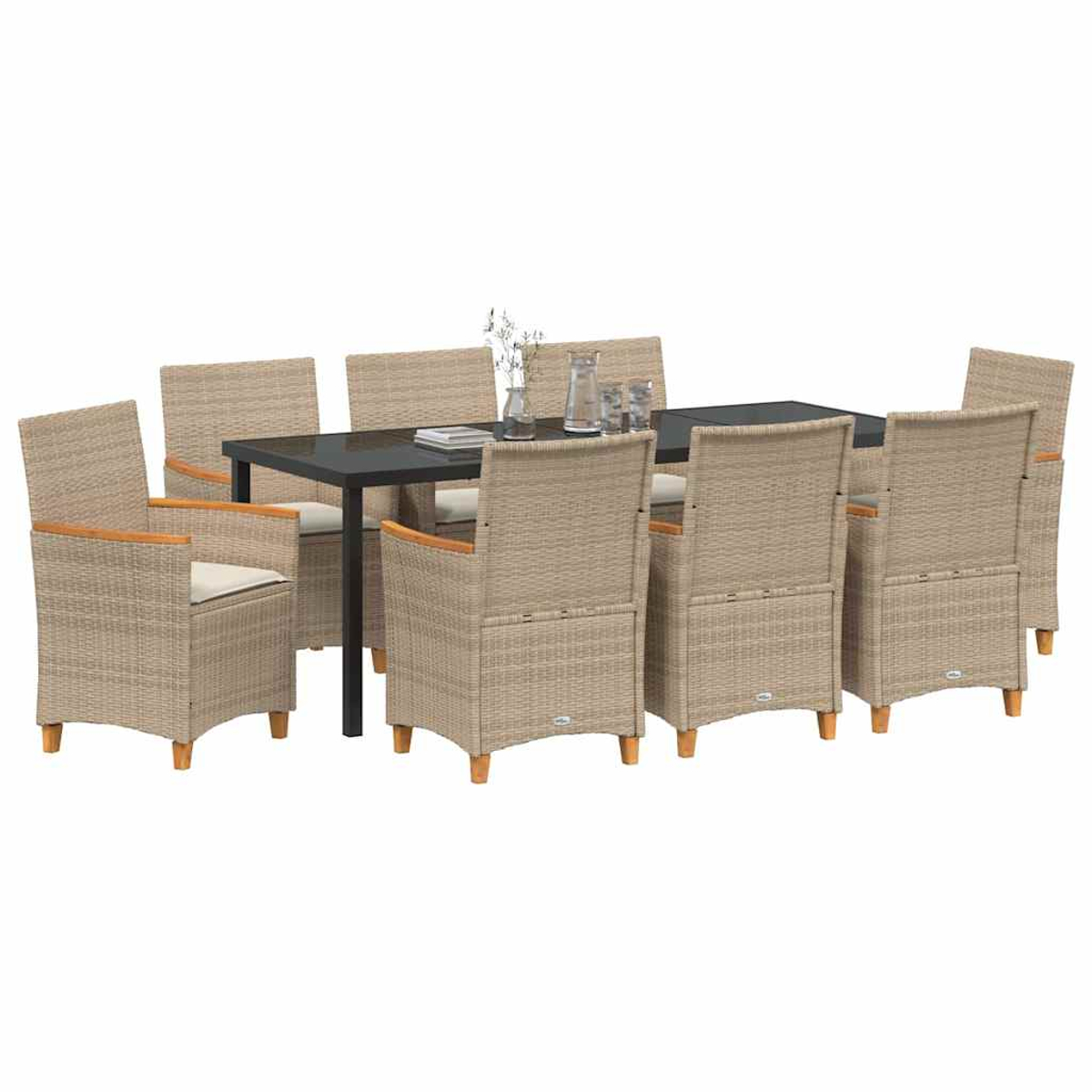 Ein Esstisch-Set mit schwarzem Tisch und acht beigefarbenen Korbstühlen. Einige Stühle haben Kissen. Eine Vase und Gläser stehen auf dem Tisch.