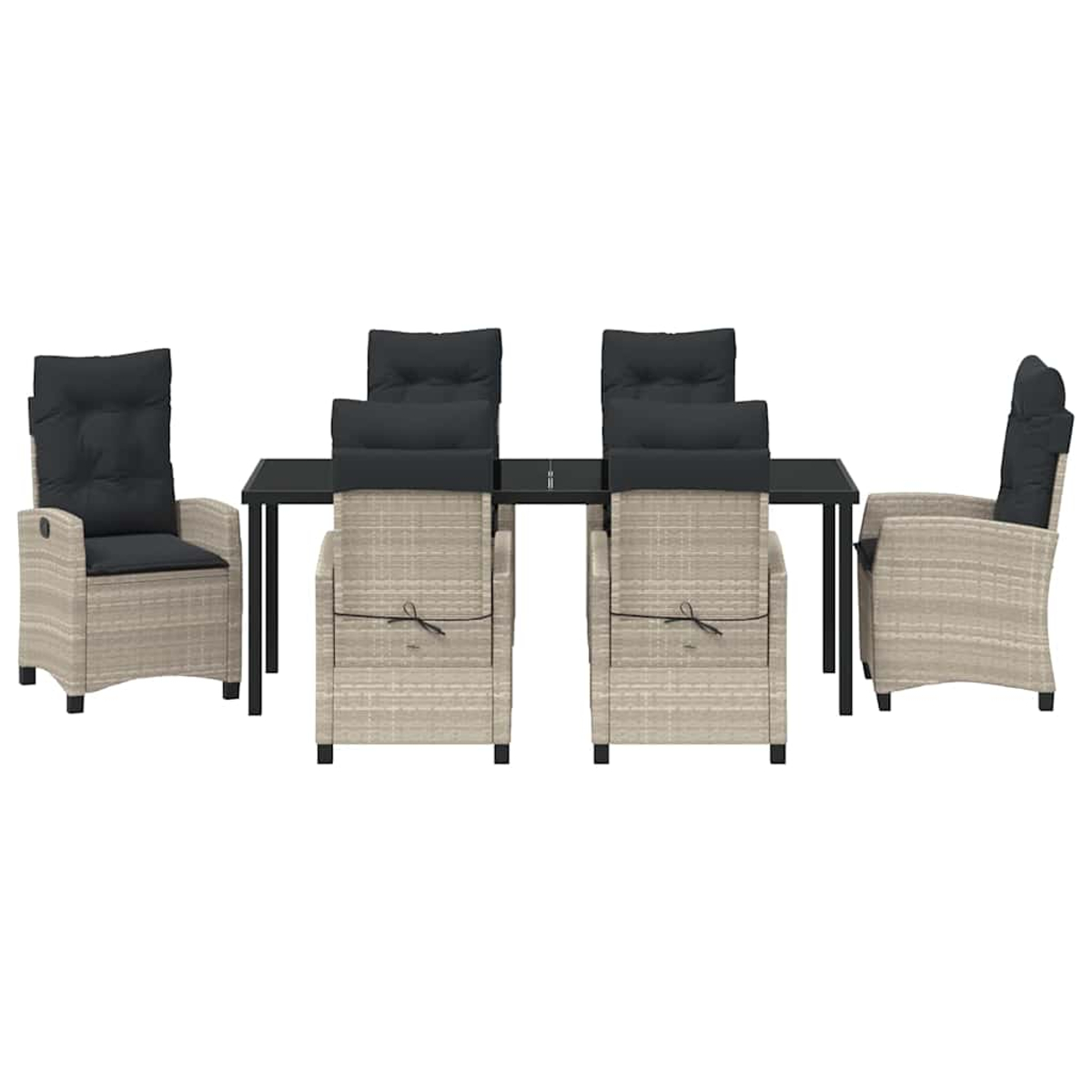 Ein Ess-Set mit Tisch und Stühlen. Die Stühle haben graue Kissen, und der Tisch hat eine schwarze Platte. Die Stühle sind beige.