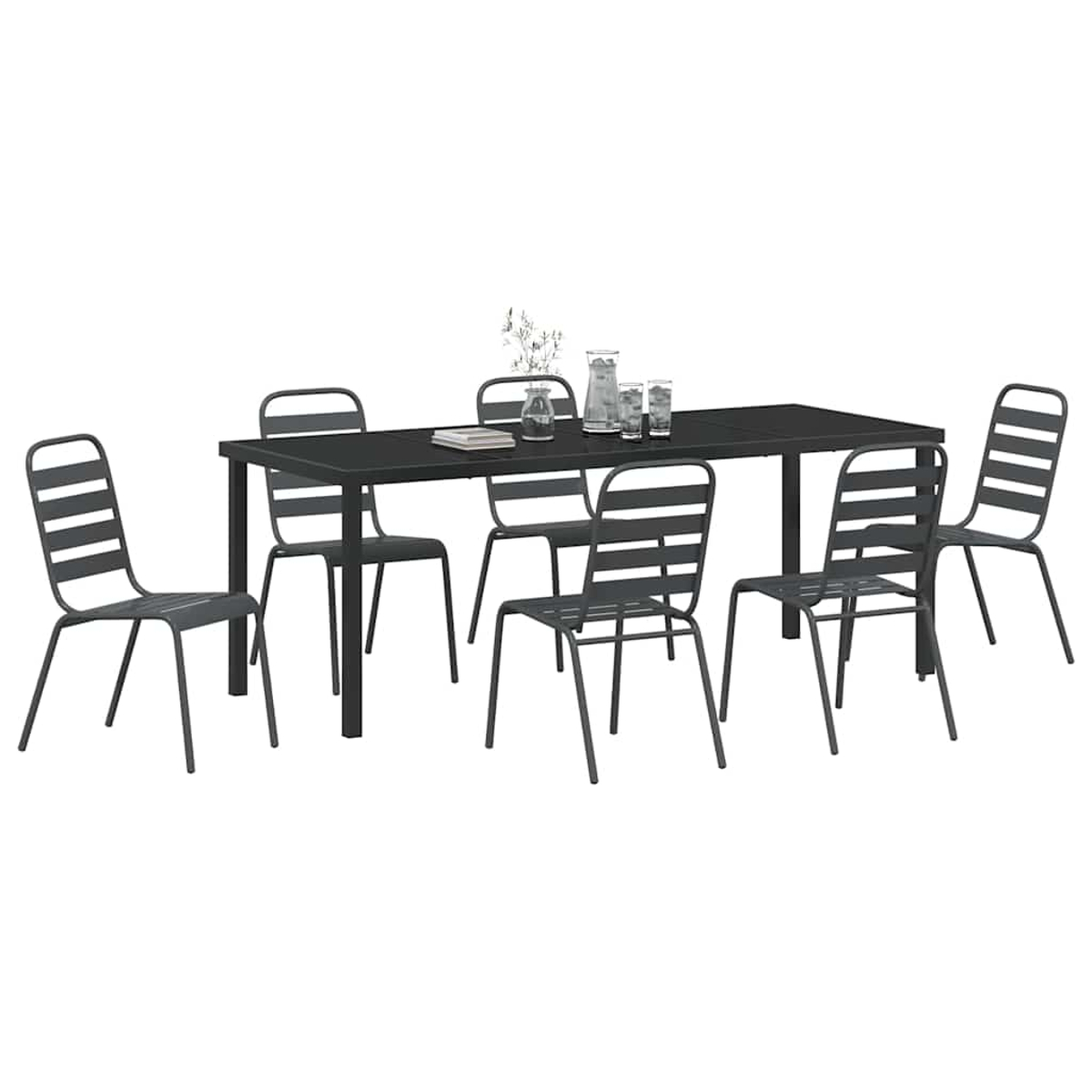 Dunkelgraues Ess-Set für den Außenbereich mit rechteckigem Tisch und sechs passenden Stühlen. Tisch hat Glas und kleine Pflanzendeko.