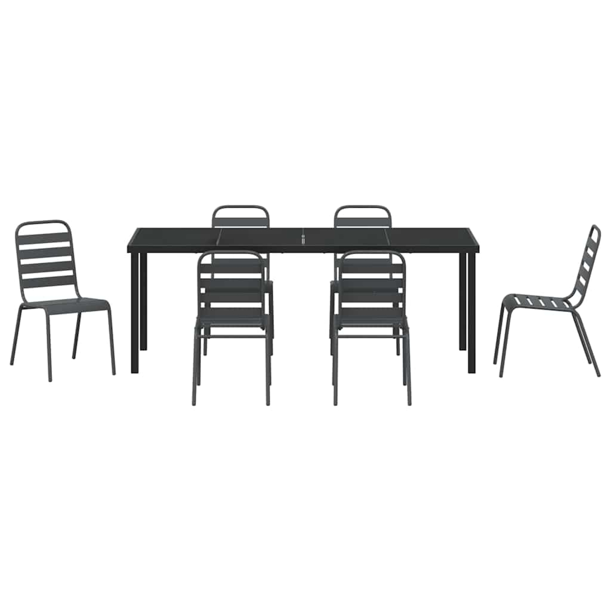Ein rechteckiger schwarzer Tisch mit sechs passenden grauen Stühlen. Die Stühle sind um den Tisch angeordnet.