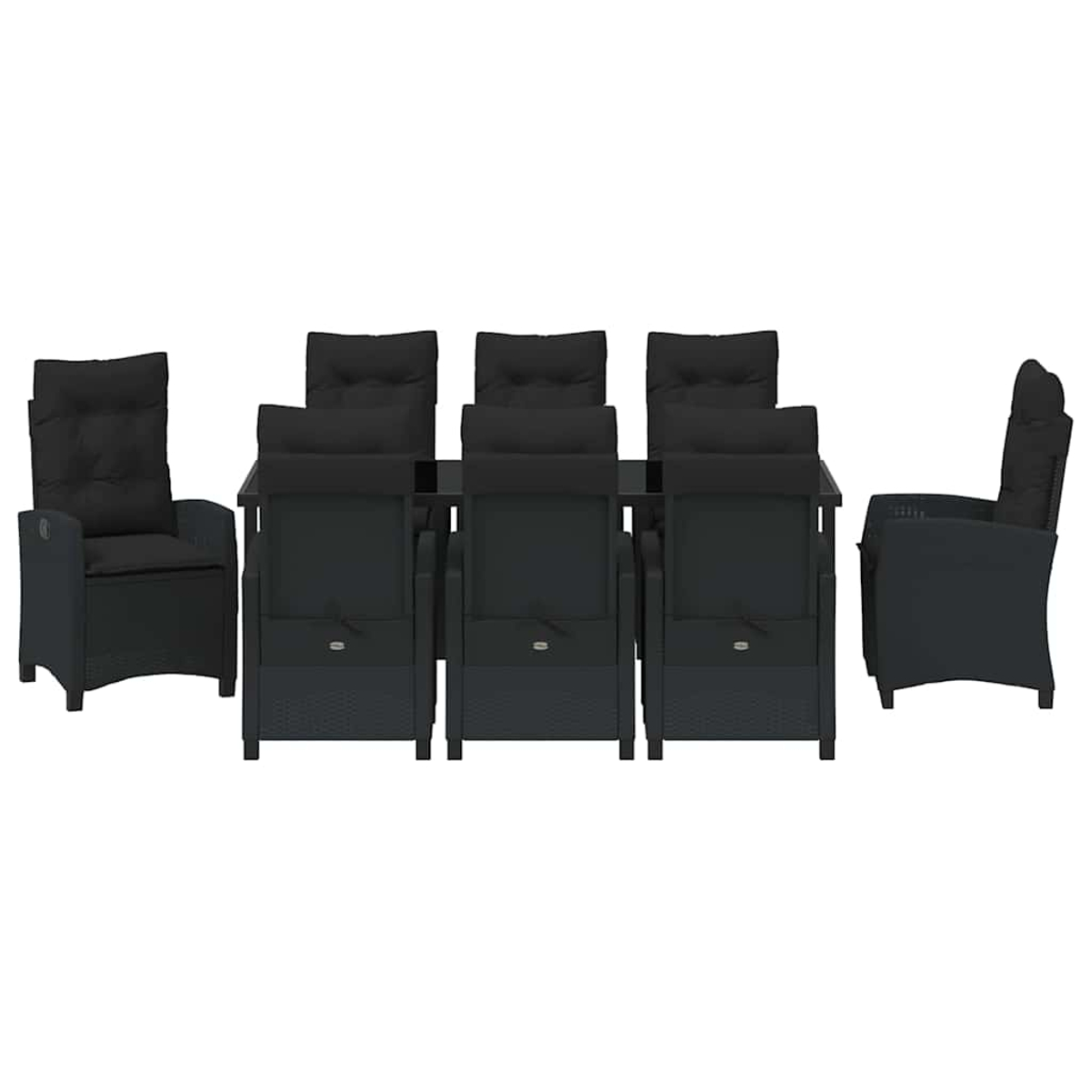 Schwarzes Ess-Set für den Außenbereich. Enthält einen Tisch und sechs Stühle mit Kissen. Alles auf weißem Hintergrund.