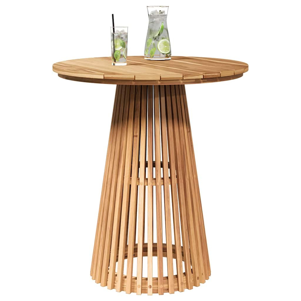 Mesa de bar de madera con bebidas. Un vaso y una jarra con hielo y rodajas de lima. Listones de madera marrón forman la base.
