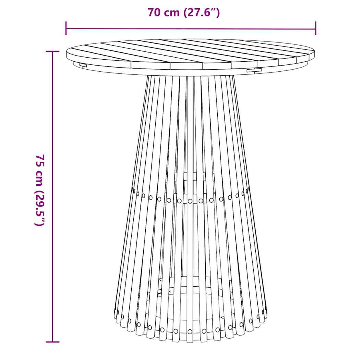 Dibujo lineal de una mesa redonda. La parte superior mide 70 cm de ancho y la mesa tiene 75 cm de altura. La base está hecha de líneas verticales.