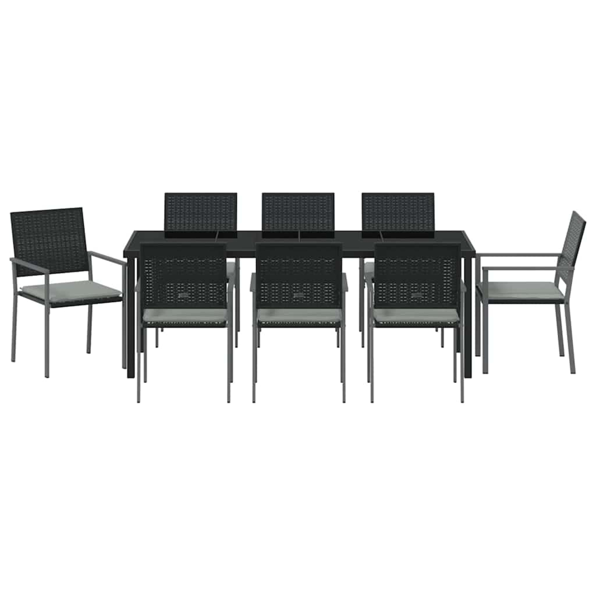 Ein schwarzer rechteckiger Tisch mit sechs schwarzen Stühlen und zwei Sesseln mit grauen Kissen. Alle sind aus Metall und Korbgeflecht.