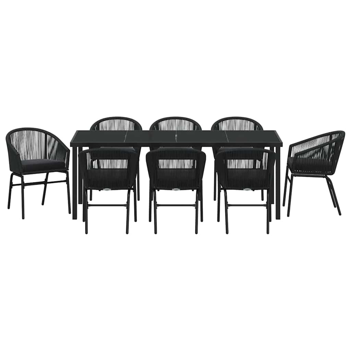 Un juego de comedor negro para exteriores sobre un fondo blanco. Incluye una mesa rectangular y seis sillas.