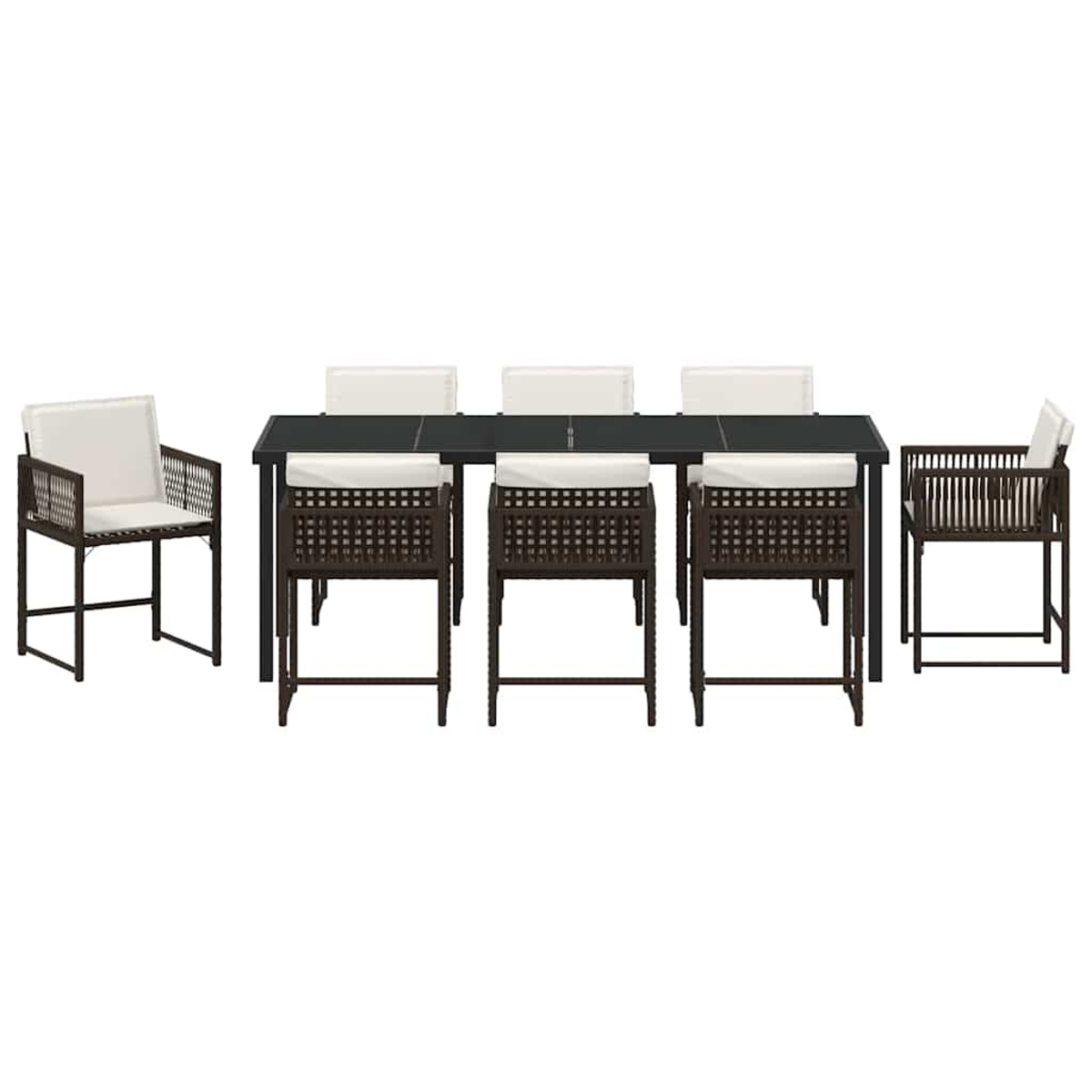 Un juego de comedor con una mesa oscura, seis sillas con cojines blancos y dos sillones. Todo sobre un fondo blanco.