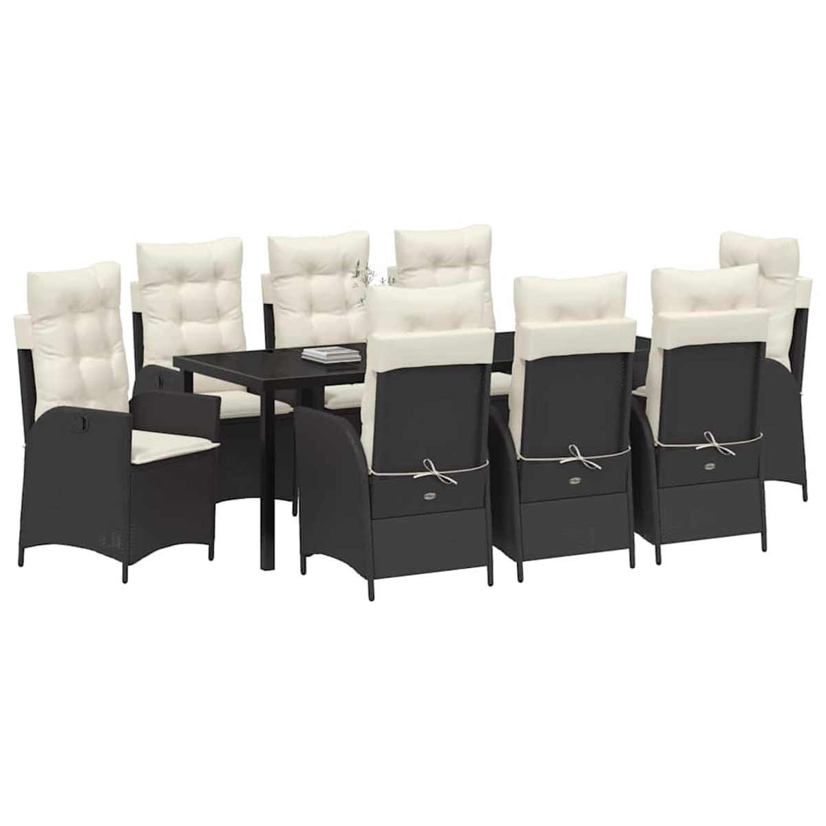 Ein schwarzes Esszimmer-Set für den Außenbereich mit einem quadratischen Tisch und acht Stühlen mit cremefarbenen Kissen.