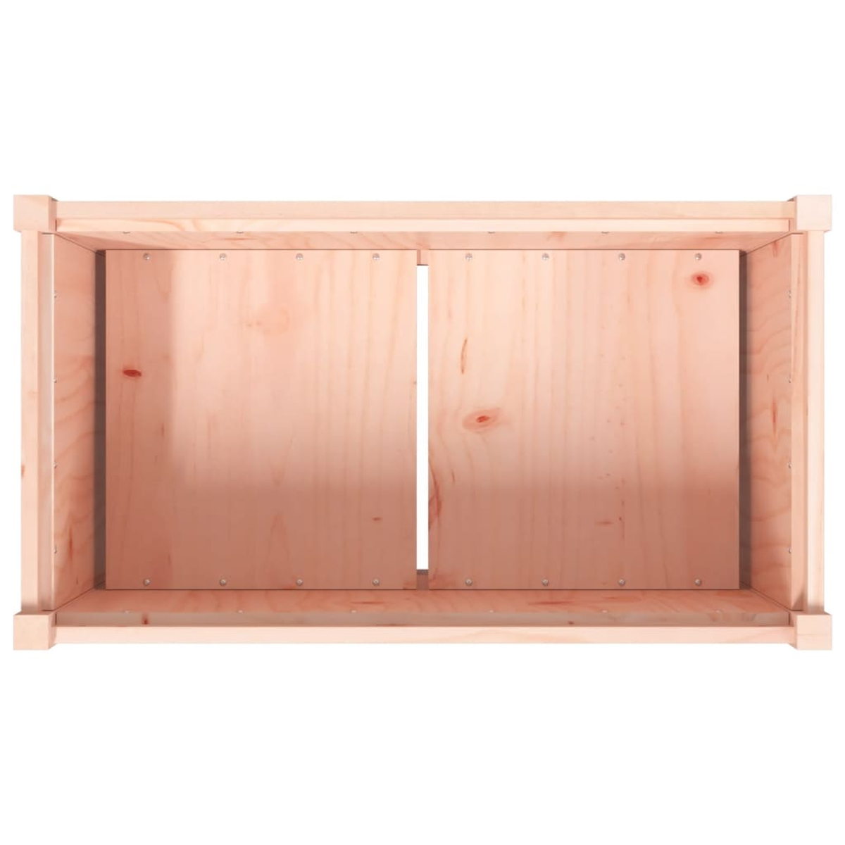 Eine rechteckige Holzkiste, innen leer. Das Holz ist hellbraun mit sichtbarer Maserung. Die Struktur ist einfach und offen.
