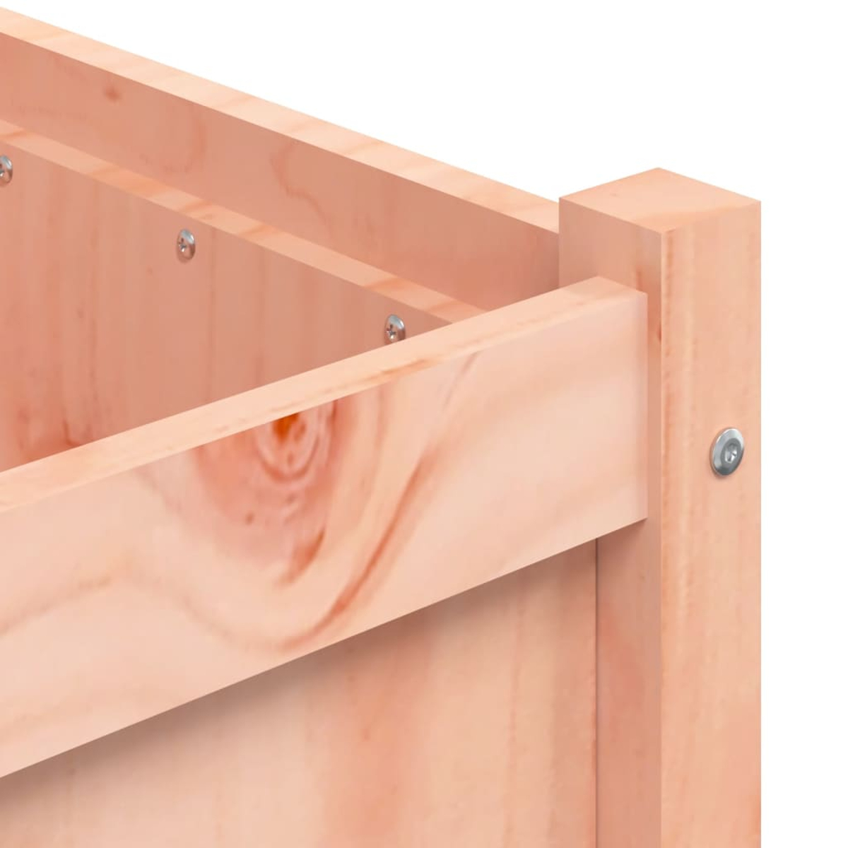 Nahaufnahme einer Holzkonstruktion. Hellbraune Holzbretter werden mit Schrauben verbunden. Die Struktur scheint eine Ecke einer Box oder eines Rahmens zu sein.