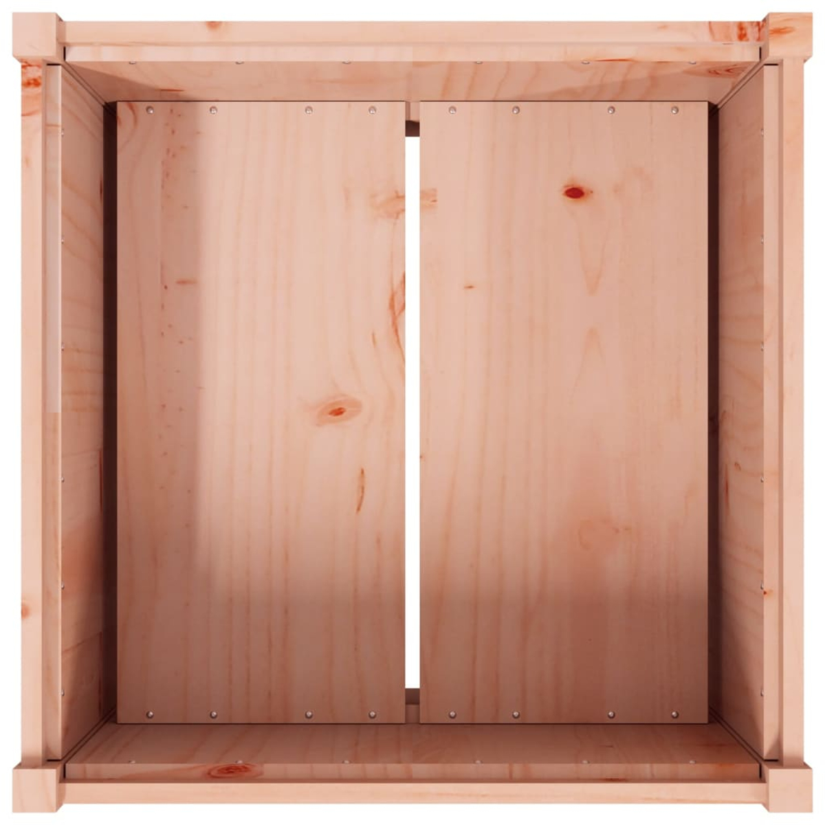 Eine leere Holzkiste mit zwei zentralen Paneelen, hellbraune Farbe, sichtbare Holzmaserung. Innen ist leer. Ober- und Seiten sind sichtbar.