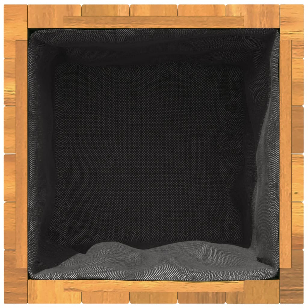 Draufsicht auf eine Holzkiste mit schwarzem Stofffutter. Die Kiste ist leer. Das Holz ist hellbraun und der Stoff ist dunkel.