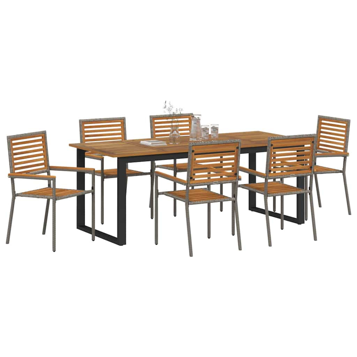 Ein Holztisch mit sechs Stühlen. Der Tisch ist braun mit schwarzem Rahmen. Die Stühle sind ebenfalls aus Holz mit Metallrahmen.