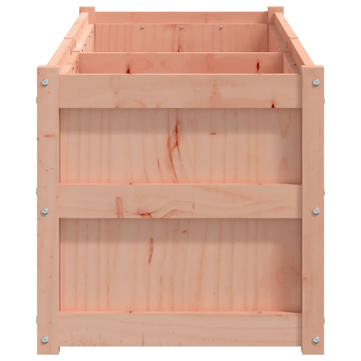 Eine hellbraune Holzkiste mit horizontalen und vertikalen Stützen, sichtbaren Bolzen und Innentrennern. Der Hintergrund ist weiß.