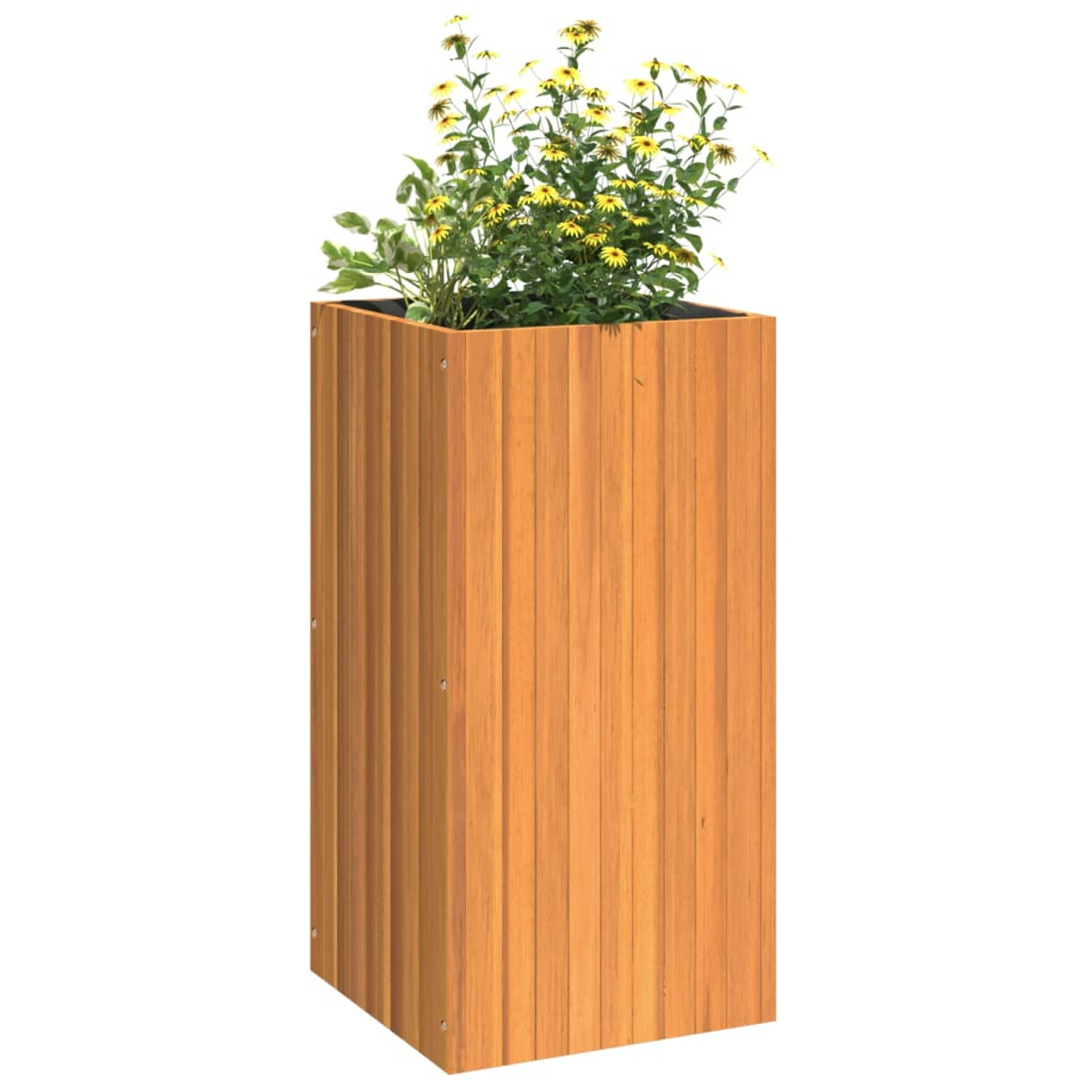 Ein hoher Holzpflanzkasten mit grünen Pflanzen und gelben Blumen. Die Box ist rechteckig mit vertikalen Holzplanken.