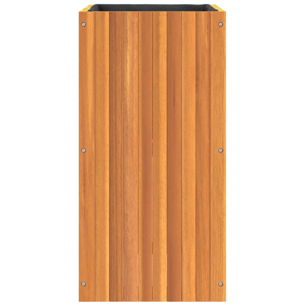 Ein rechteckiger Holzpflanzer mit vertikalen Brettern. Die Oberseite hat eine schwarze Auskleidung, und silberne Nieten sind an den Seiten sichtbar.