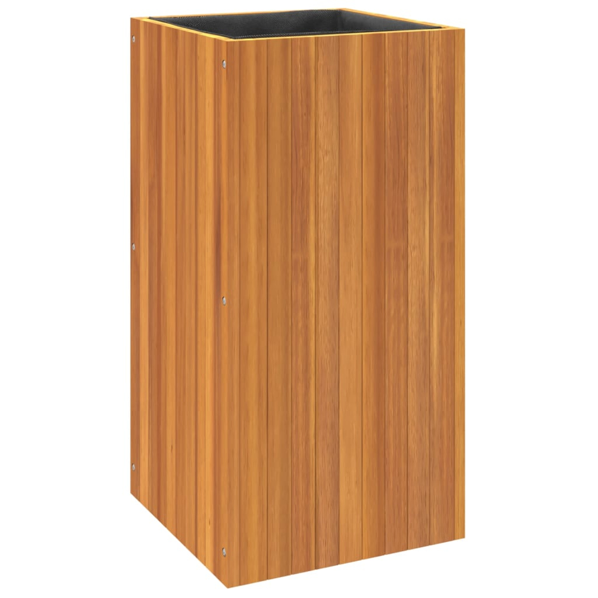 Ein rechteckiger Holzpflanzkübel mit vertikalen Brettern. Die Oberseite hat einen dunklen Innenraum. Das Holz ist hellbraun mit sichtbarer Maserung.