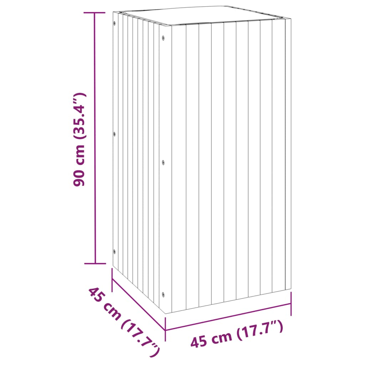 Ein rechteckiger Holzschrank mit den angegebenen Abmessungen: 90 cm (35,4") hoch und 45 cm (17,7") breit und tief.