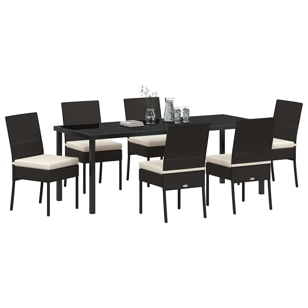 Ein Esszimmer-Set mit einem schwarzen Tisch, sechs schwarzen Stühlen mit beigefarbenen Kissen und Dekorationen.