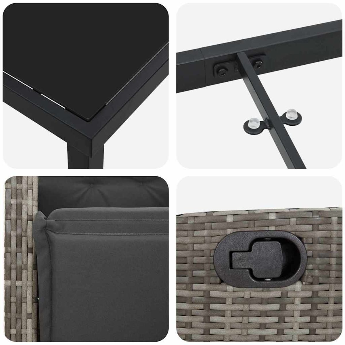 Nahaufnahme von Tisch, Stuhl und Möbelteilen. Der Tisch hat eine schwarze Platte. Der Stuhl hat ein Kissen. Wicker-Textur ist sichtbar.