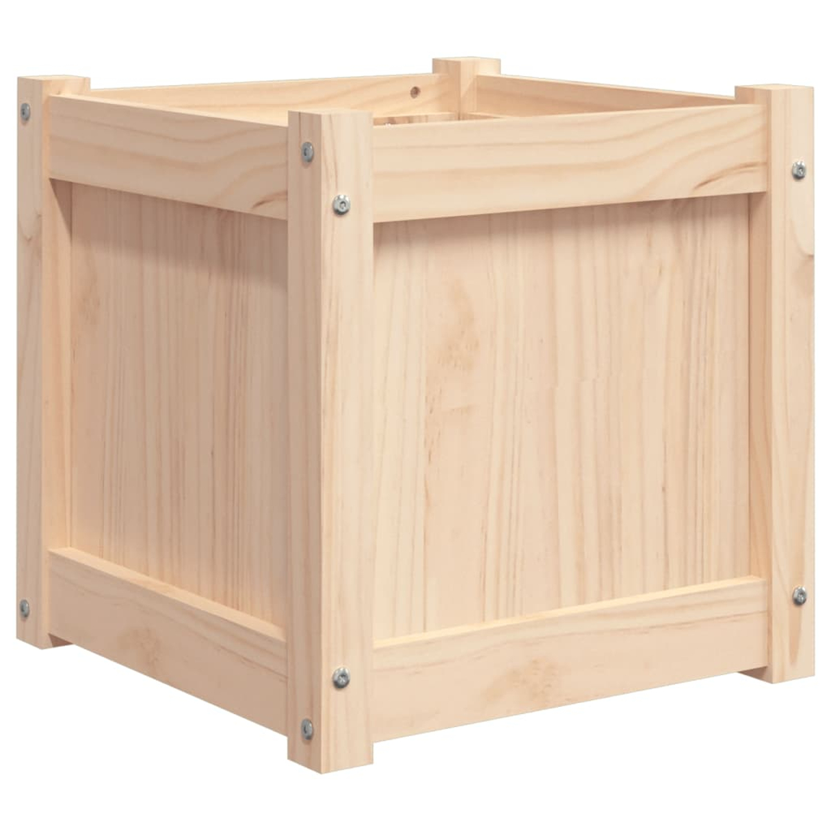 Eine quadratische Holzkiste aus hellfarbenem Holz. Sie hat ein einfaches Design mit sichtbaren Schrauben, die den Rahmen zusammenhalten.