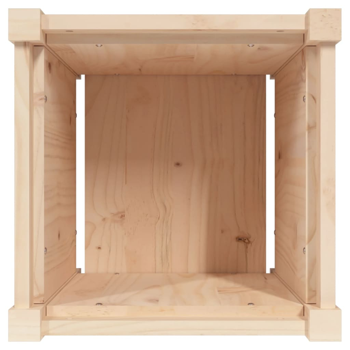 Holzboxrahmen, helles Holz, von oben betrachtet. Sichtbare Verbindungen und Schrauben. Innen leer.