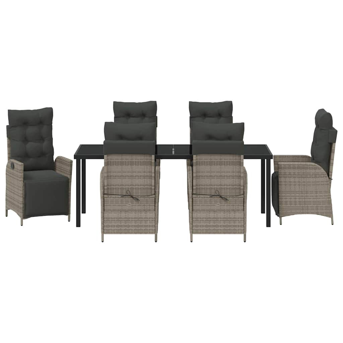 Ein Ess-Set mit Tisch und sechs Stühlen. Die Stühle sind gewebt, mit dunkelgrauen Kissen. Der Tisch hat eine schwarze Platte und Beine.