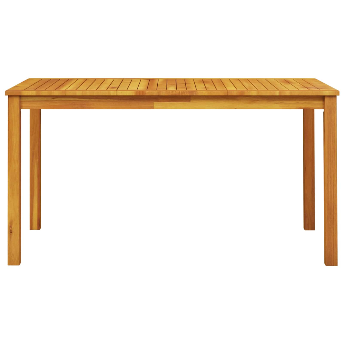 Ein rechteckiger Holztisch mit vier Beinen. Der Tisch hat eine hellbraune Farbe mit einer Latten-Tischplatte.