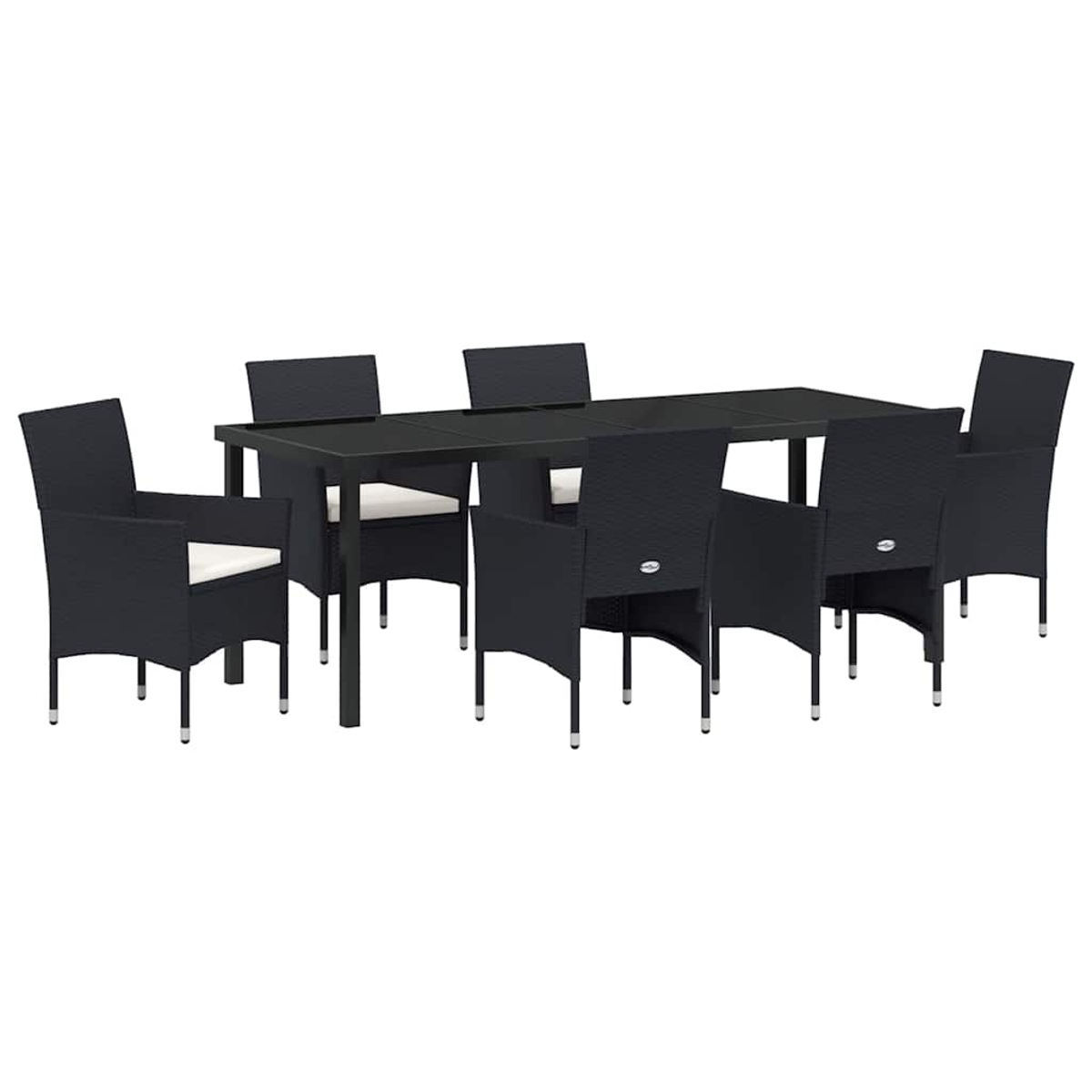 Un set da pranzo nero per esterni con un tavolo rettangolare e sei sedie abbinate. Le sedie hanno cuscini bianchi, il tutto su sfondo bianco.