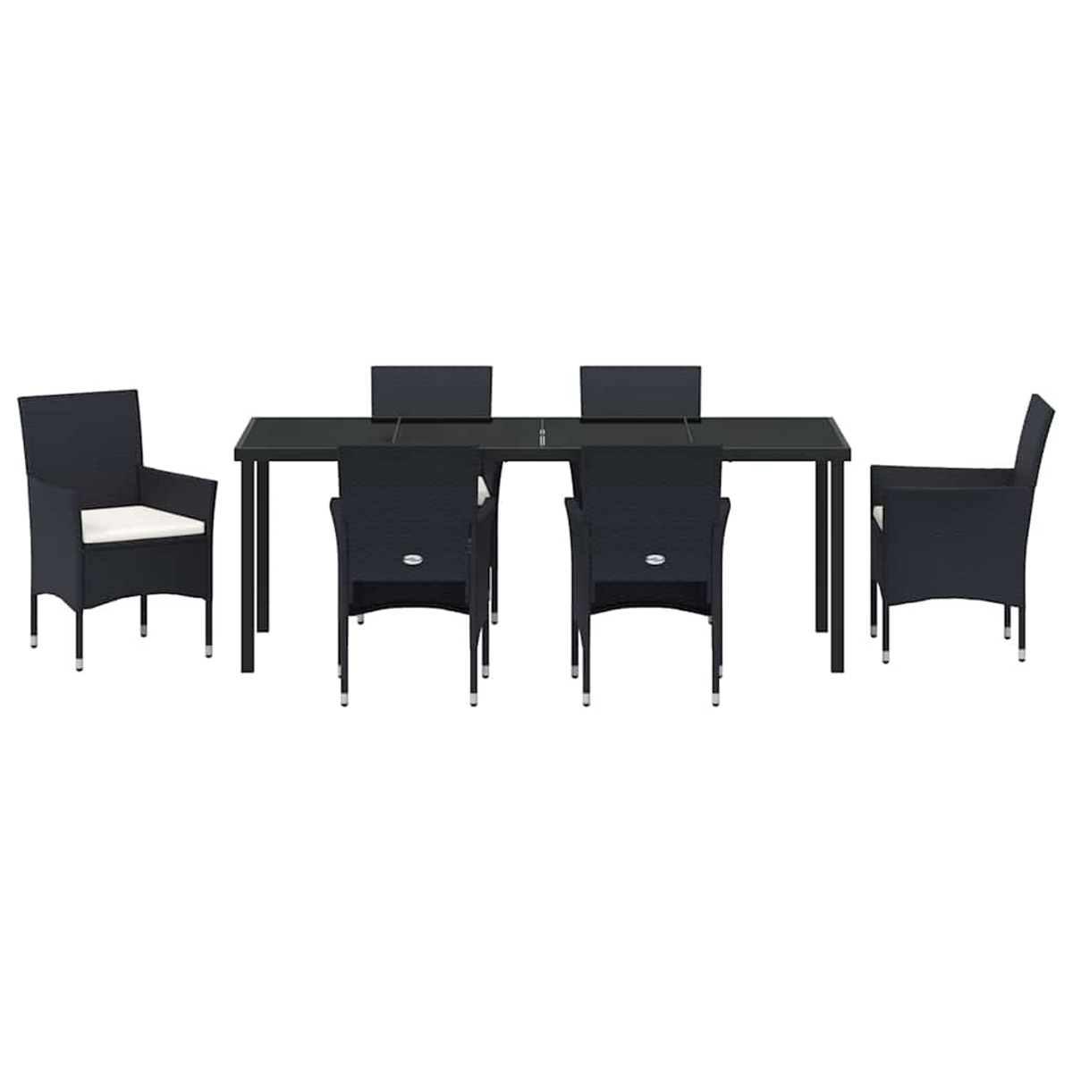 Un set da pranzo nero da esterno con un tavolo rettangolare e sei sedie. Le sedie hanno cuscini bianchi.