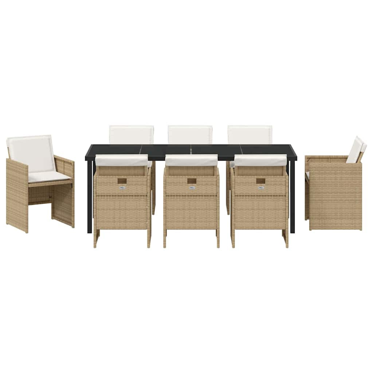 Ein Esszimmerset mit Tisch und Stühlen. Der Tisch ist schwarz mit weißen Stühlen. Die Stühle haben beige Korbflechtrahmen und weiße Kissen.