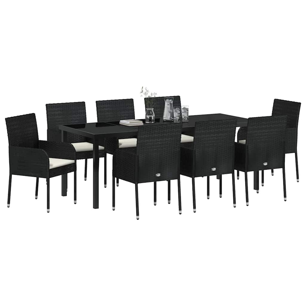 Ein schwarzes Esszimmer-Set aus Korbgeflecht mit einem rechteckigen Tisch und acht Stühlen vor weißem Hintergrund.