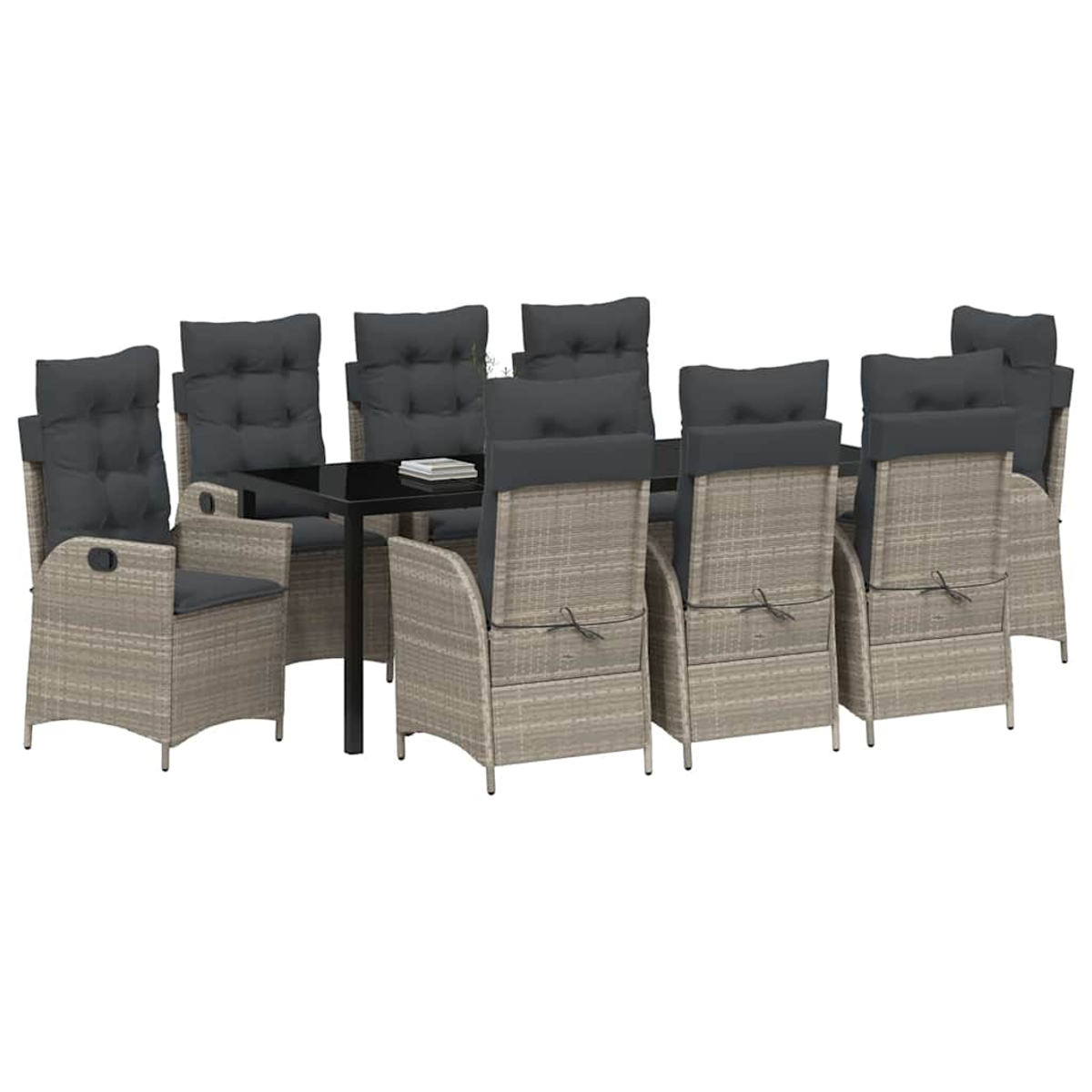 Essgruppe mit schwarzem Tisch und acht Stühlen mit grauen Kissen. Die Stühle sind um den Tisch angeordnet.