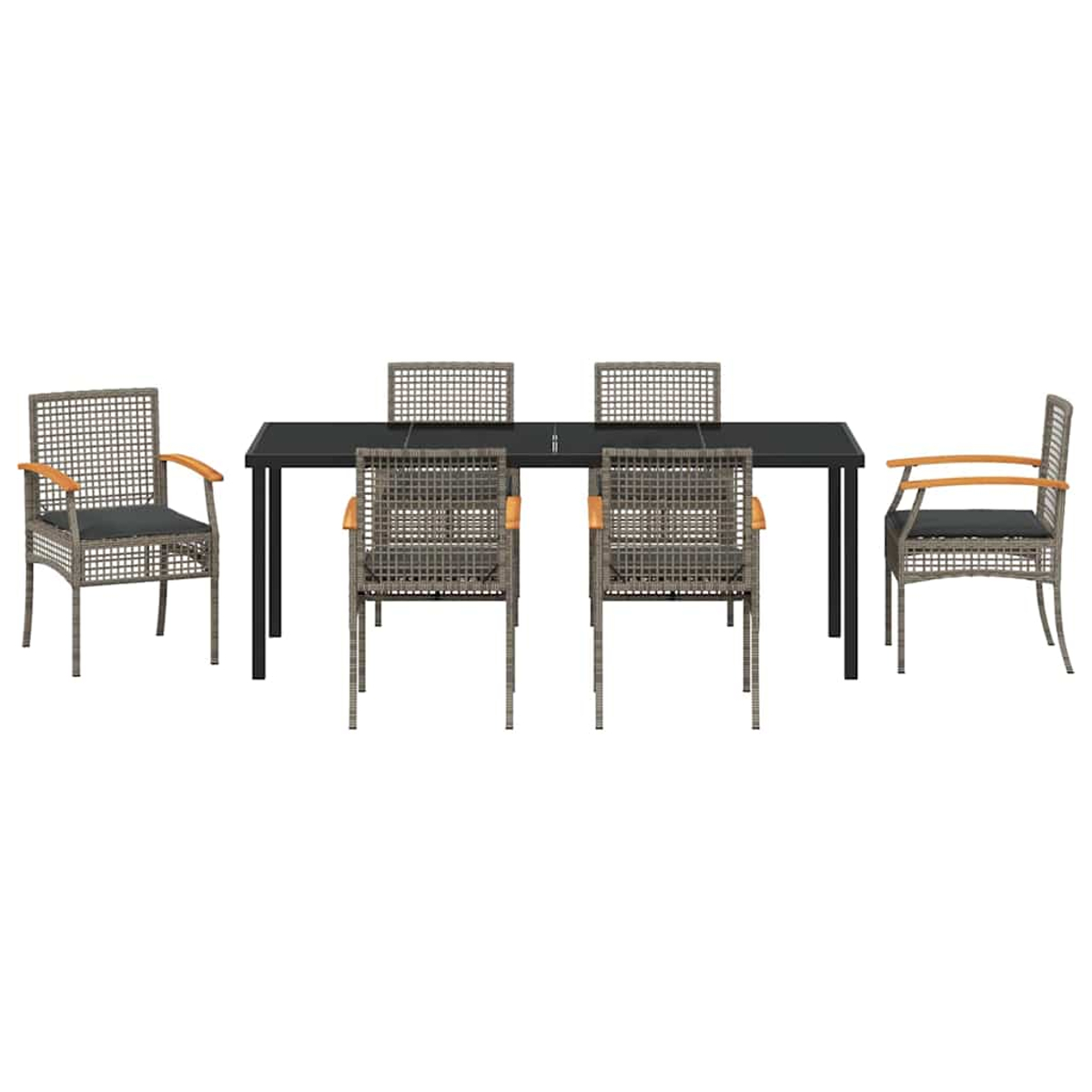 Ein Esstisch-Set mit schwarzem Tisch und sechs Stühlen. Die Stühle haben graue, gewebte Rücken und Sitze mit Holzarmlehnen.
