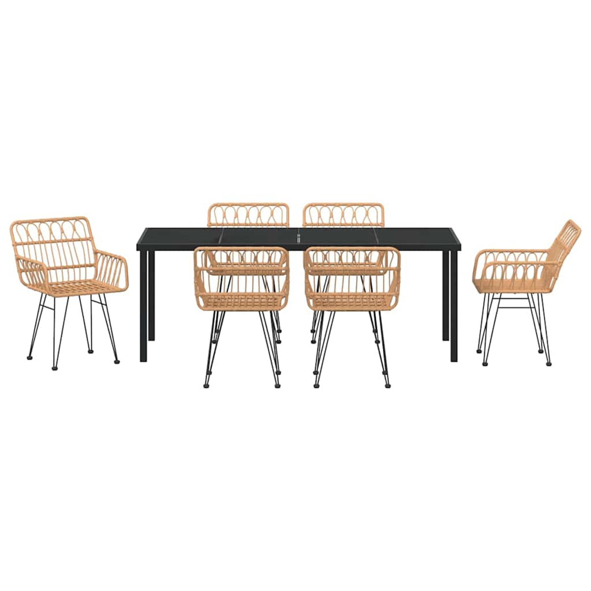 Ein Esstisch-Set mit schwarzem Tisch und sechs Stühlen. Stühle haben Korbsitze und -lehnen, schwarze Metallbeine.