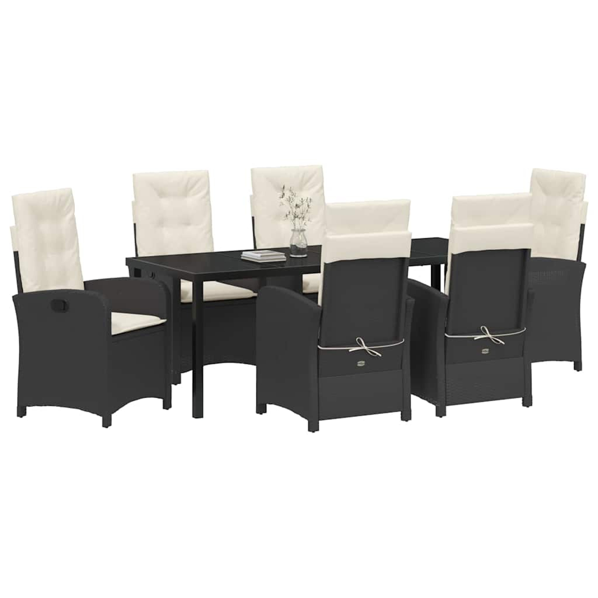 Ein schwarzes Ess-Set für den Außenbereich mit einem rechteckigen Tisch und sechs Stühlen mit cremefarbenen Kissen.