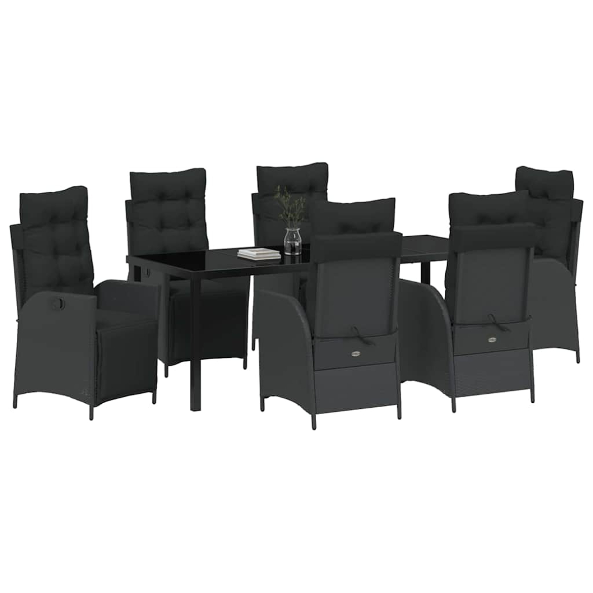 Ein schwarzes Ess-Set für den Außenbereich mit Tisch und Stühlen. Auf dem Tisch steht eine Vase mit einer Pflanze.