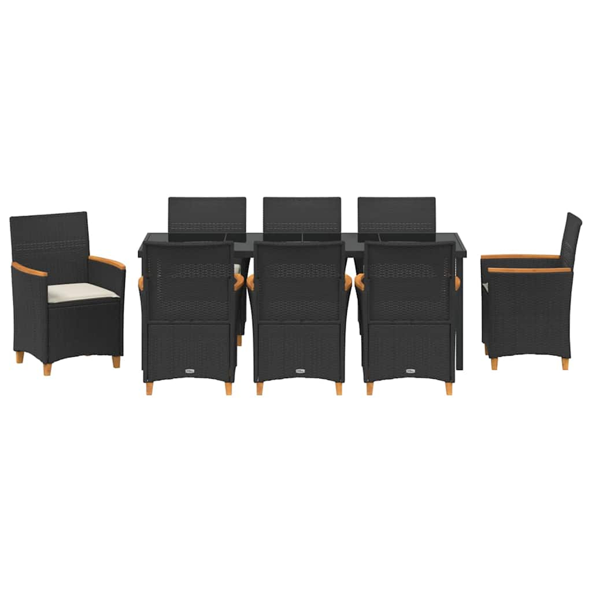Ein schwarzes Ess-Set für den Außenbereich mit einem rechteckigen Tisch und sechs Stühlen. Die Stühle sind gewebt, mit hellen Holzakzenten und Kissen.