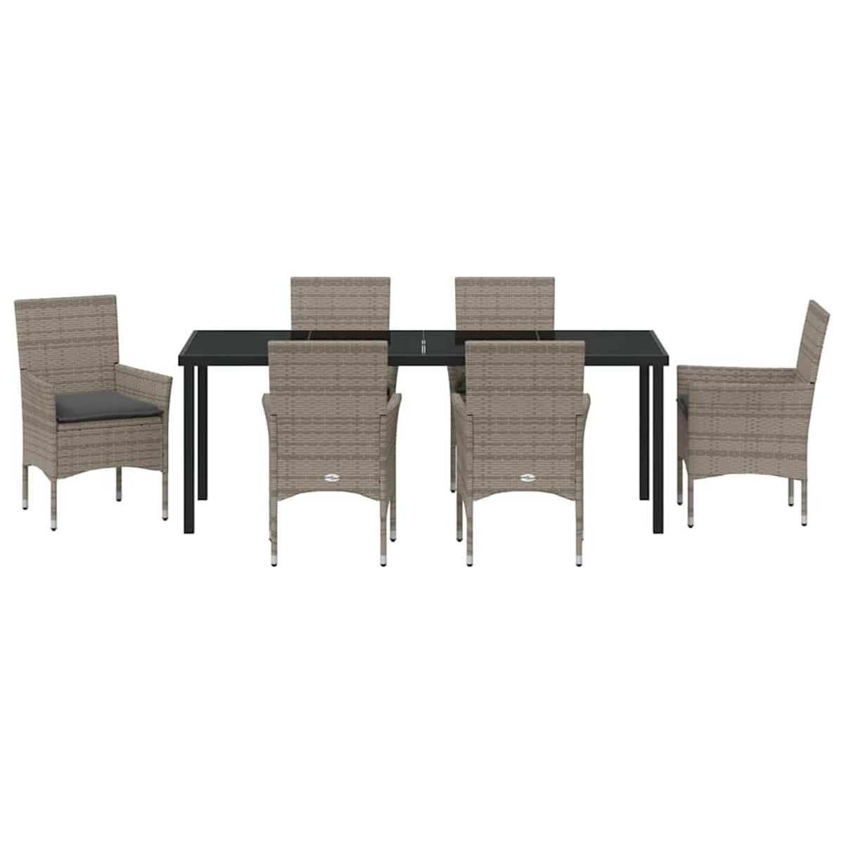 Un juego de comedor con una mesa negra rectangular y seis sillas de mimbre. Las sillas son marrones claras y algunas tienen cojines.