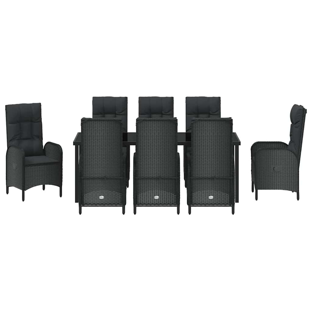 Ein dunkelgraues Ess-Set für den Außenbereich mit einem rechteckigen Tisch und sechs Stühlen, zwei Sessel an den Seiten.