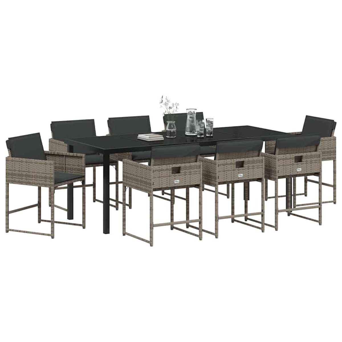Ein Ess-Set mit einem dunklen Tisch, acht Stühlen und weißem Hintergrund. Pflanzen und Gläser stehen auf dem Tisch.