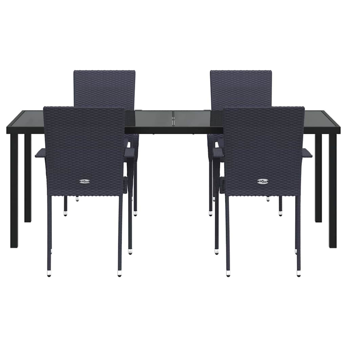 Ein dunkles Ess-Set für den Außenbereich. Es hat einen rechteckigen Tisch und vier Stühle. Tisch und Stühle sind aus dunklem Korbgeflecht und Metall.